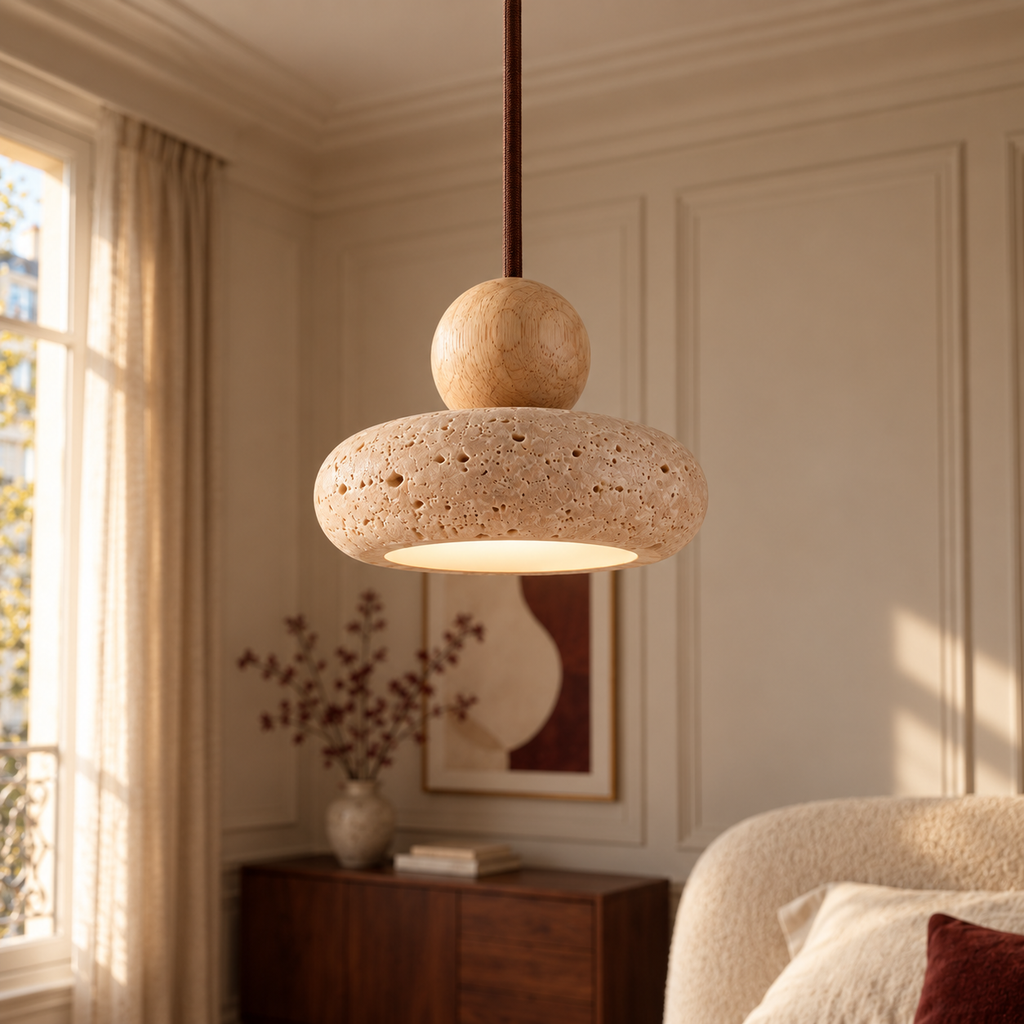 Travertine Donut Pendant Light | Natural Stone 15cm, Walnut or Light Wood, Wabi Sabi
