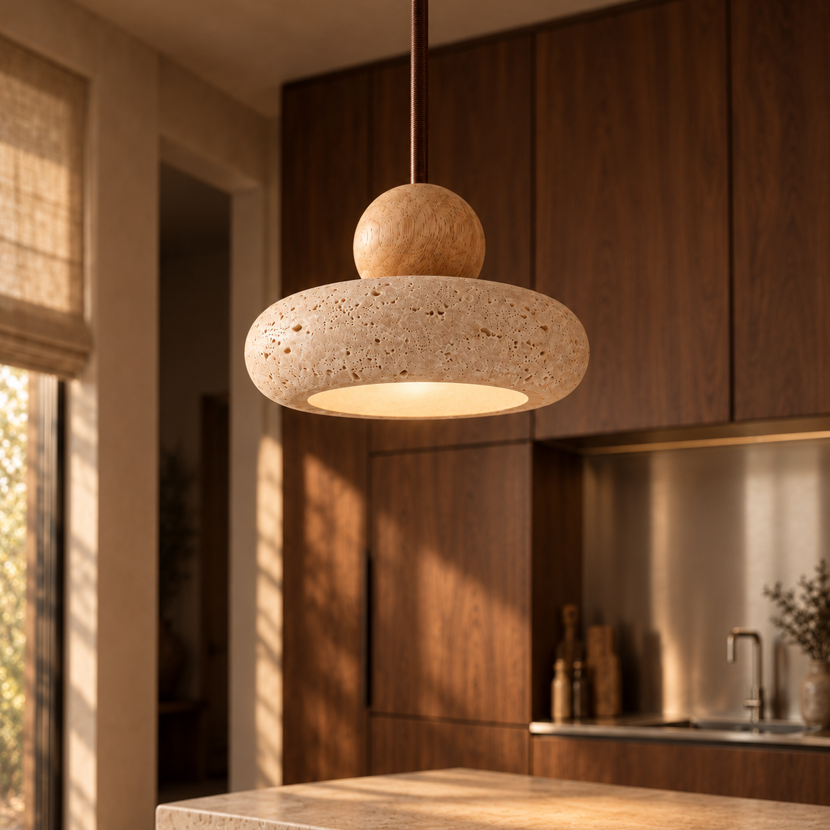 Travertine Donut Pendant Light | Natural Stone 15cm, Walnut or Light Wood, Wabi Sabi